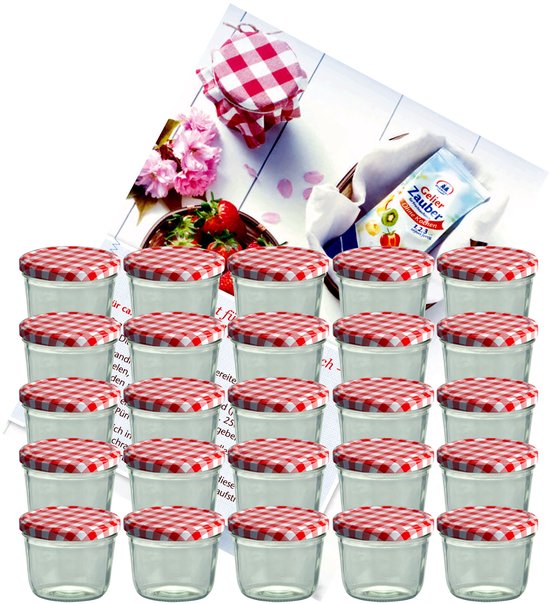 Set de 25 pots à confiture 230 ml bocal à conserve Bocal à conserve Jusqu'à 82 couvercle à carreaux rouges incl. Livret de recettes Diamant-Zucker Gelierzauber
