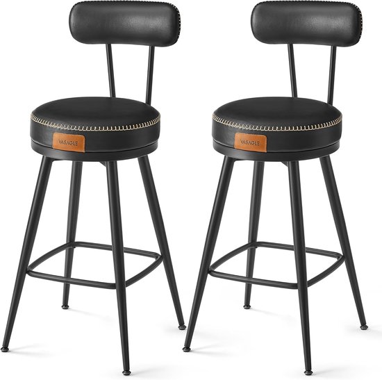 Furnstar - Lot de 2 tabourets de bar - Tabouret de bar pivotant à 360° - Tabouret avec dossier pour îlot de cuisine - Similicuir avec coutures - Style moderne Mid-Century - Hauteur 65 cm - Bar de Cuisine - Noir encre - LBC089B01