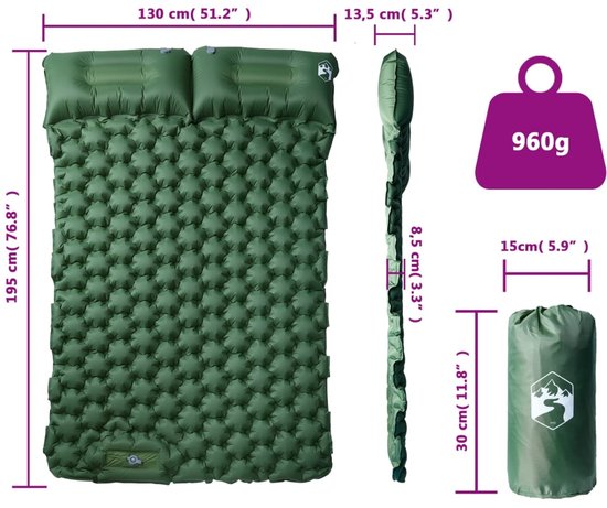 vidaXL - Kampeermatras - met - kussens - zelfopblazend - 2-persoons - groen van Merkloos — afbeelding 2