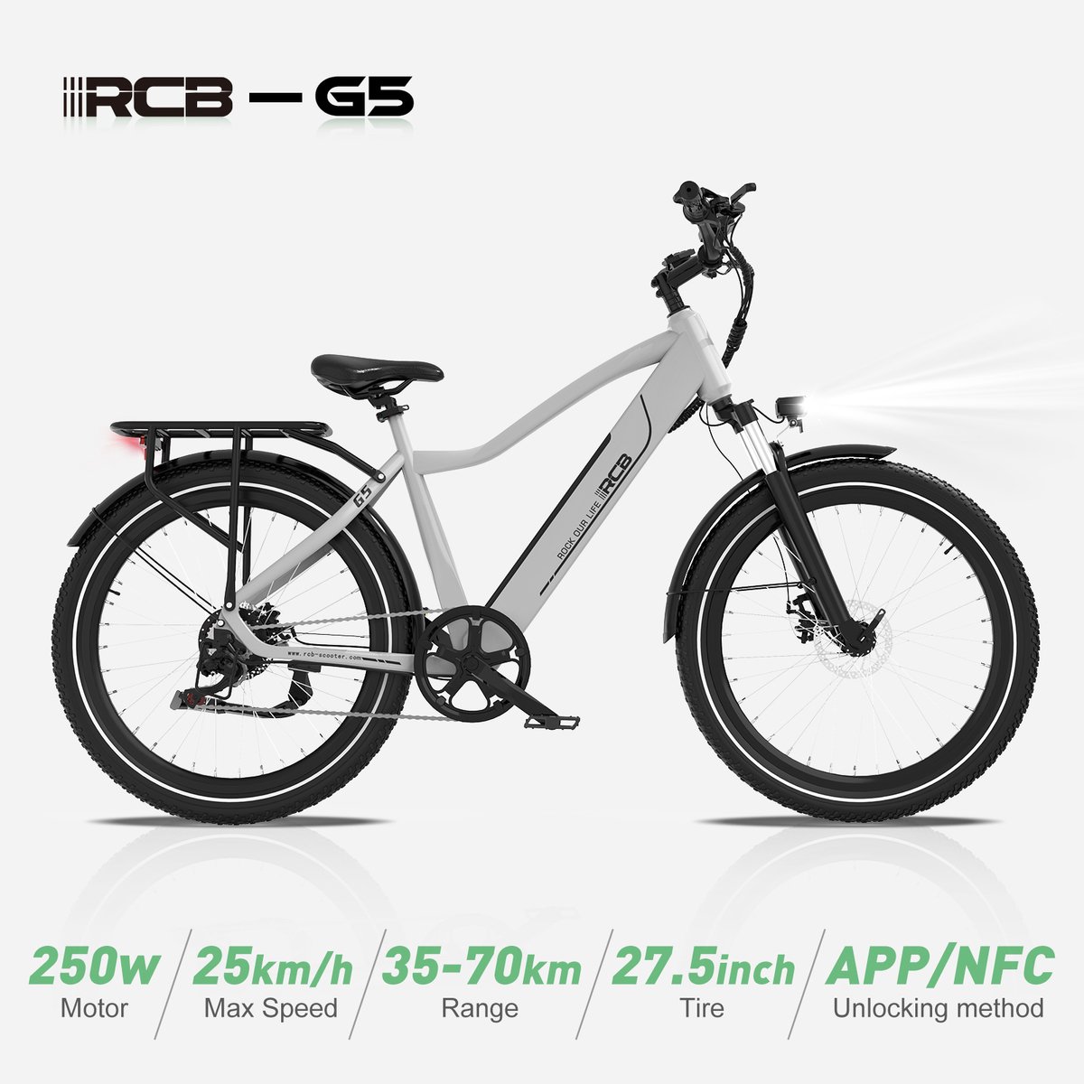 RCB G5 Elektrische Fiets - 27.5 Inch - Lichtgewicht Aluminium Frame - Actieradius 80km-zilver thumbnail 2