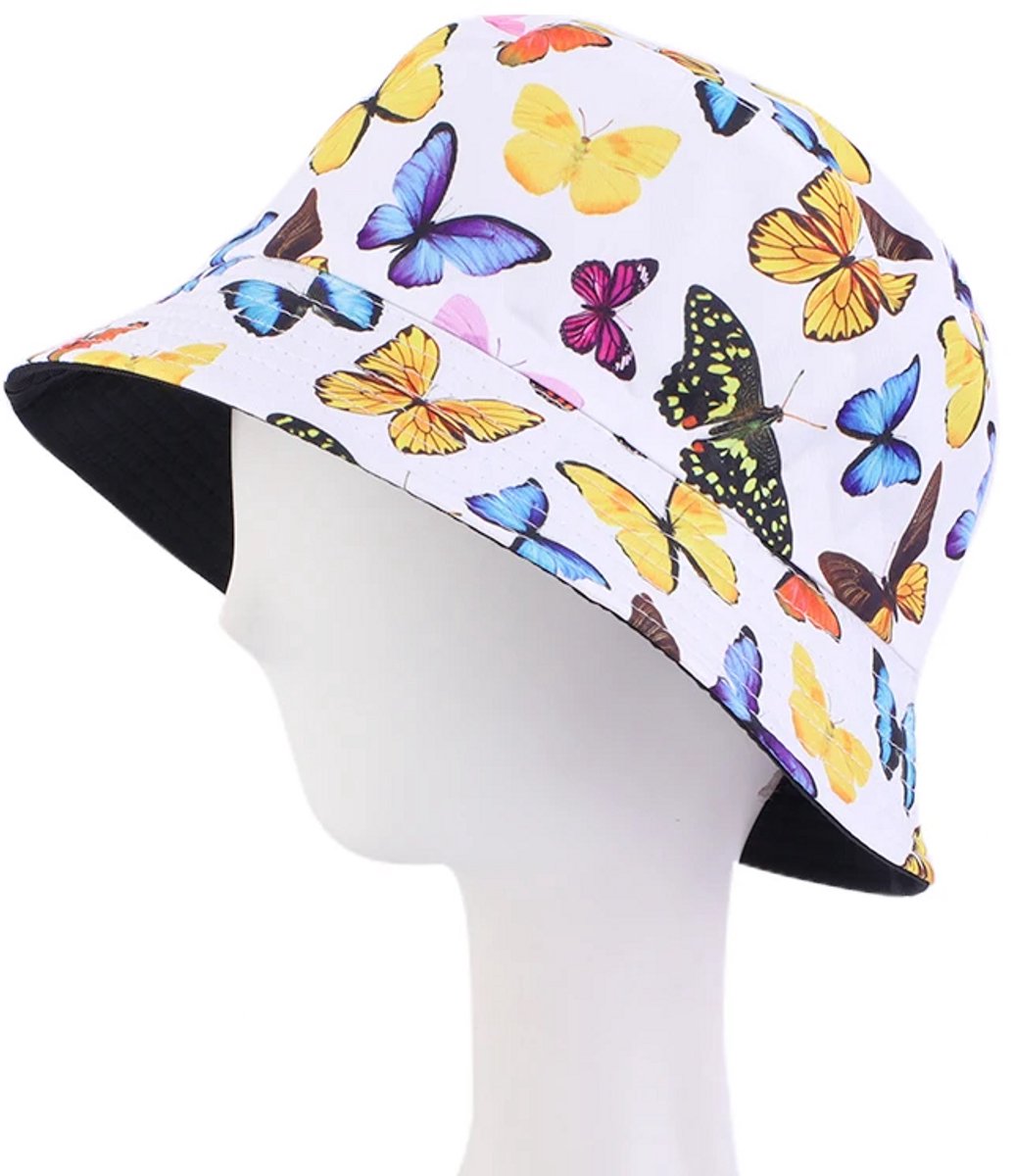Bucket Hat - Omkeerbaar Vissershoedje - Dubbellaags - Vlinders Wit - Reversible naar Zwart - Maat 58 cm - Heren - Dames - Festival Accessoire - Festivalhoedje - Regenhoedje - Zonnehoedje - Emmerhoed - Hoed - Unisex