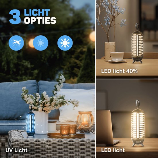 Drie lichtopties van de muggenlamp: UV, LED 40% en LED. Lamp staat op een tafel en naast een bank.