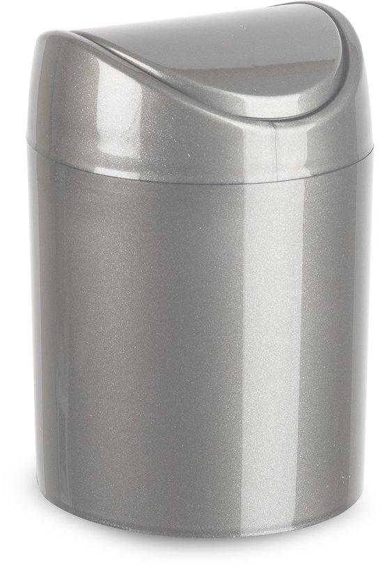 Mini poubelle Plasticforte - gris argenté - plastique - avec couvercle à charnière - modèle comptoir/table de cuisine - 1,4 L - 12 x 17 cm