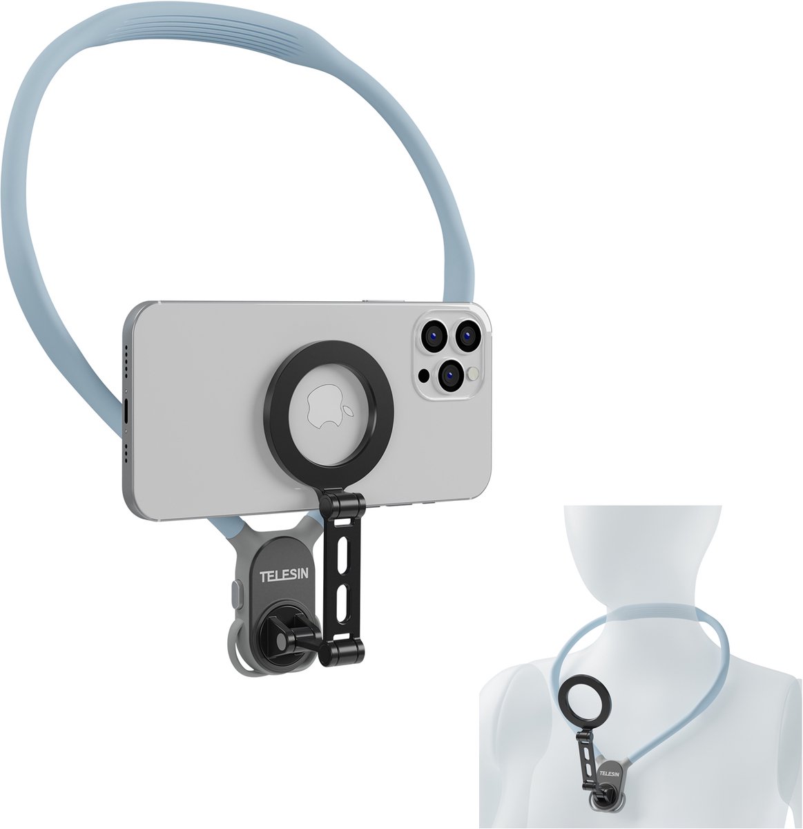 Telesin Smartphone neck mount magnetisch - Extra groot - MagSafe bevestiging voor iPhone en magnetische hoesjes - Inclusief magnetische ring - POV beelden maken - Ideaal voor o.a. sporten, fietsen, koken, videocall - Sky Blue