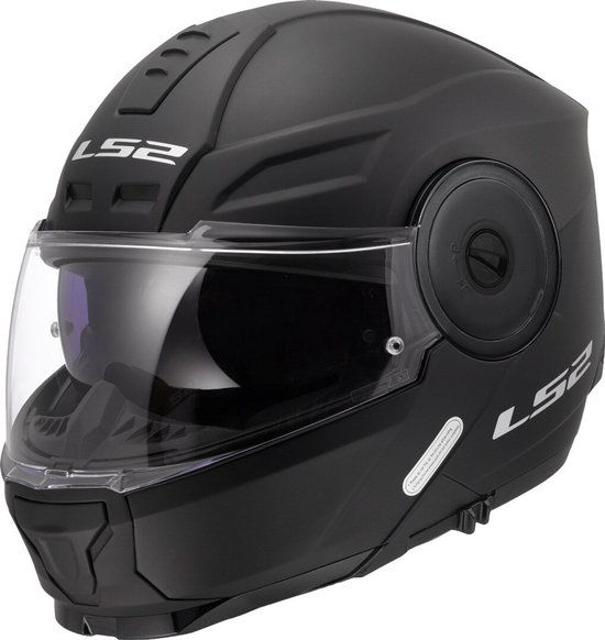 Casque modulable noir LS2 Scope II, côté avec visière claire et aérations.