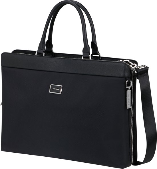 Sacoche ordinateur portable noire Samsonite avec poignées, bandoulière et logo sur le devant.