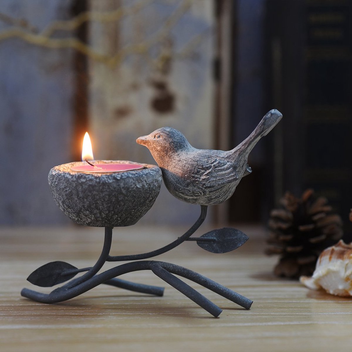 Ibenzoa® Grijze en Zwarte Vogel Theelichtkaarsenhouder - Metalen Decoratie voor Woonkamer of Tafel
