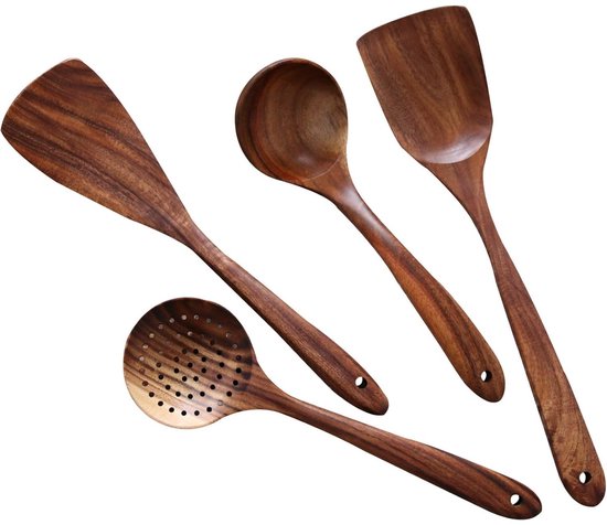 Spatelset Teakhout - Houten Spatels - Soeplepel - Keuken lepel - Wokspatels - Opscheplepel - Keukenlepel - Spatel Hout - Kookgerei - Keukengerei - Keukenaccessoires - Antiaanbakpan