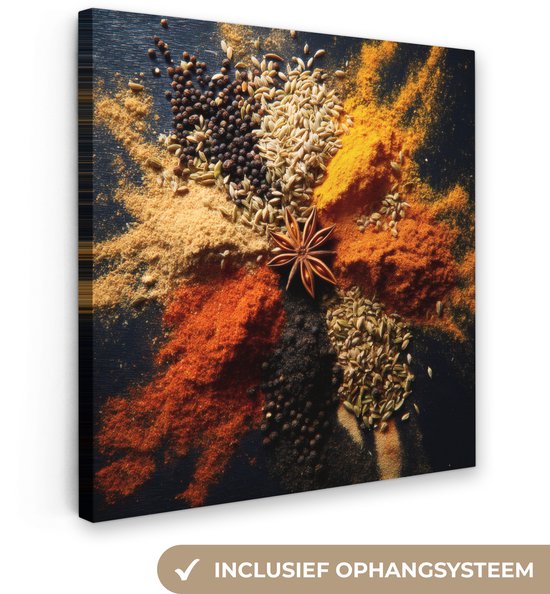 Canvas schilderij 50x50 cm - Exclusieve wanddecoratie Specerijen - Explosie - Oranje - Muurdecoratie woonkamer - Slaapkamer decoratie - Kamer accessoires - Schilderijen op canvas