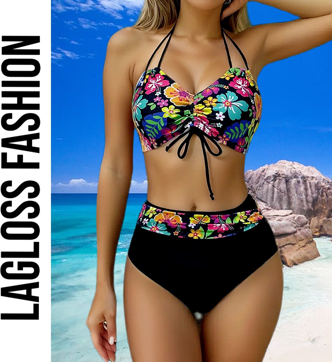 LaGloss® Bikini Set Zwart met Bloemenprint - 2 - Delige Hoge Taille Damesbikini met Strik Top — afbeelding 6