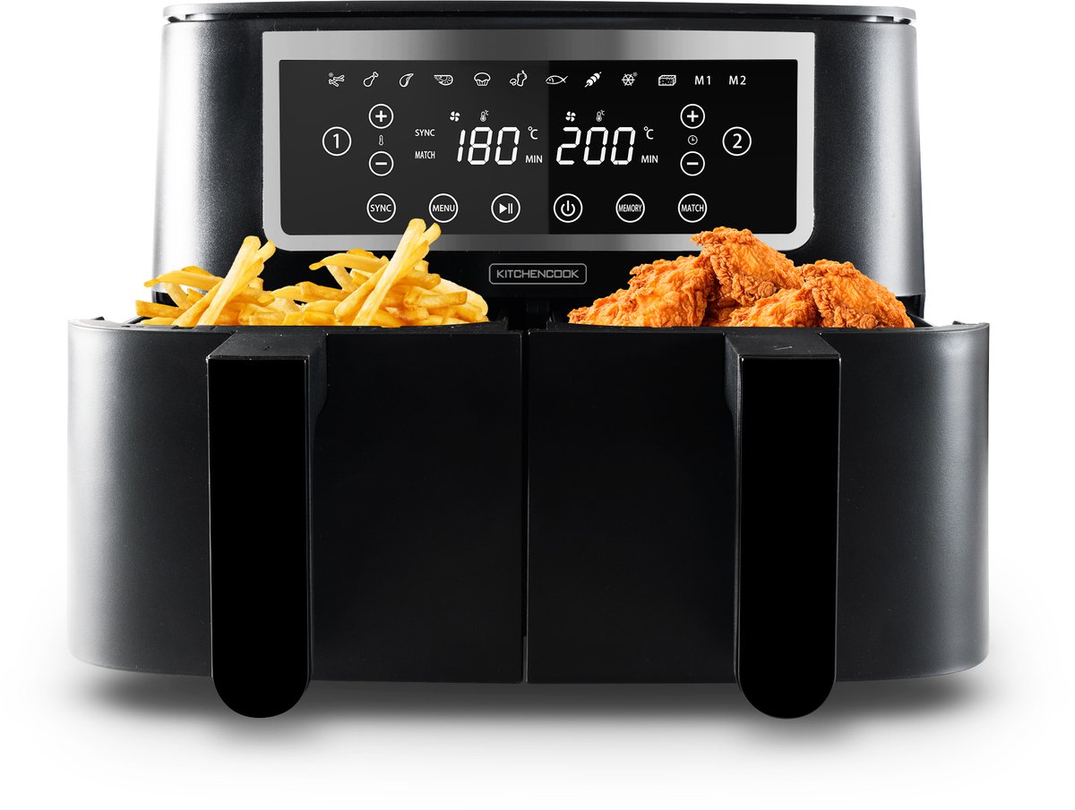 Kitchencook - Airmed 8 - Dubbele Airfryer - 8 Liter - 2600W - 10 Programma’s - 2 Mandjes