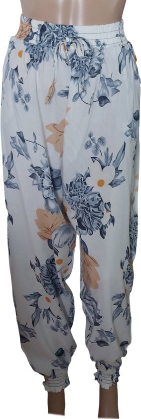 Broek - Zomerbroek - Yoga broek - Strandbroek - Palazzo - Elastische Band - Dames - Comfort - Kleur Wit/Grijs/Oranje - Maat 44-46