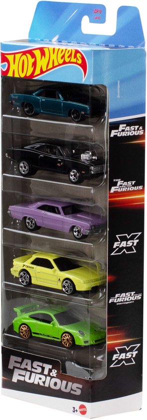 Hot Wheels Fast & Furious 5-delige speelgoedauto set in verpakking.