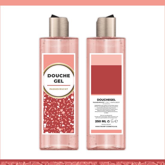 Transparant roze flesje douchegel passievrucht met zilveren dop. Op het etiket confetti-effect.