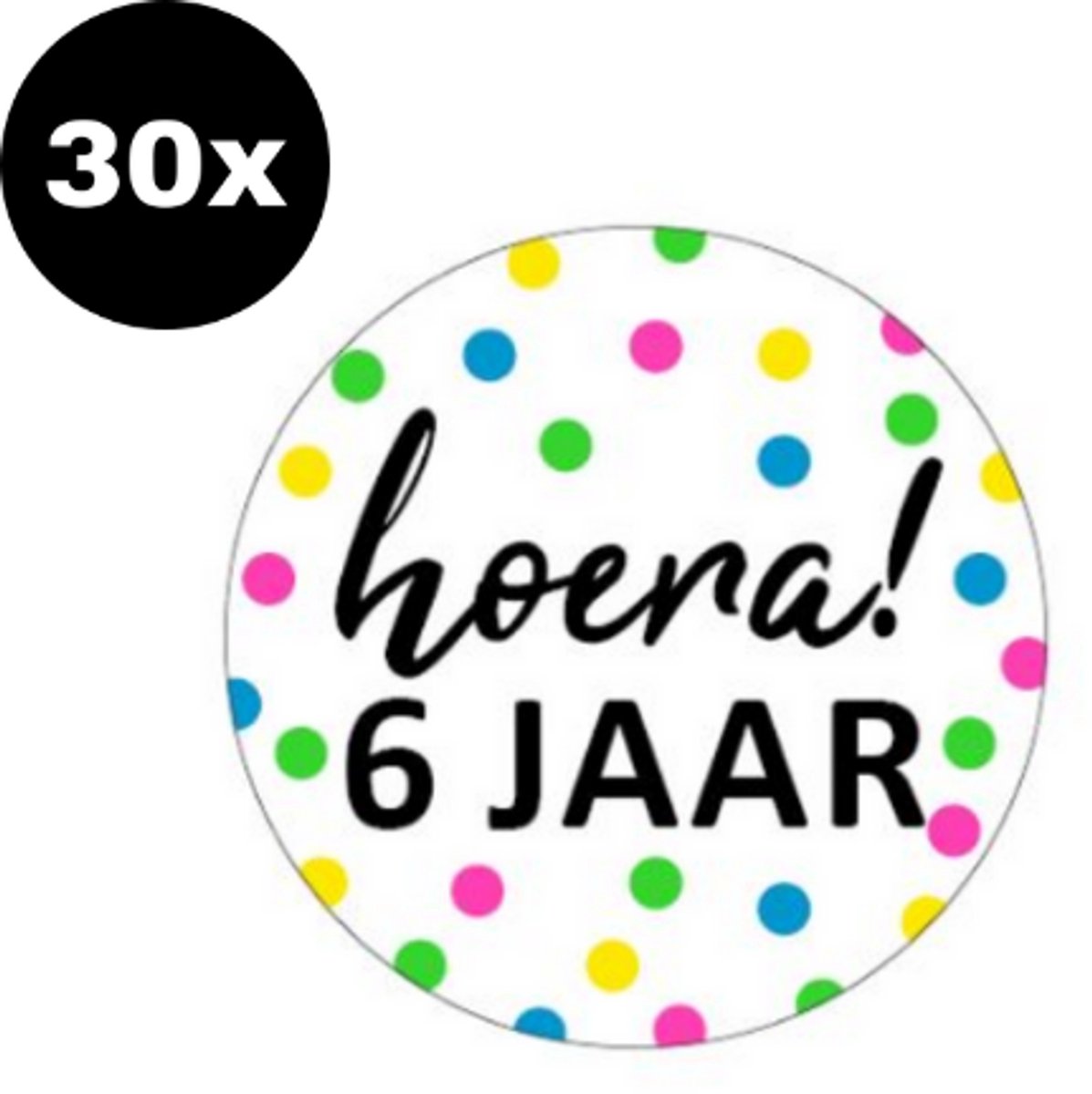 30x ZOETTT Sluitsticker Hoera 6 jaar! | NEON | 40 mm | Traktatiesticker Hoera | Cadeausticker | Sluitzegel | Sluitsticker | Traktatie - Verjaardag - Feest | Kinder traktatie
