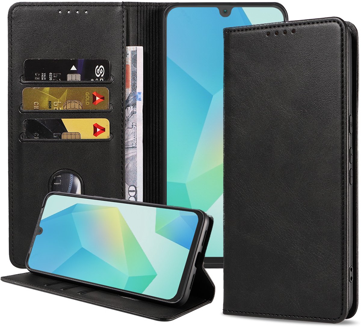 Smartphonica Telefoonhoesje Geschikt voor Samsung Galaxy A16 Kunstleer met Magnetische sluiting en Pasjeshouders Bookcase met Klepje - Zwart geschikt voor Samsung Galaxy A16