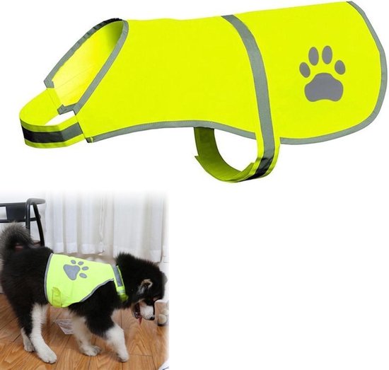 Neon geel veiligheidsvest voor honden, met grijze pootafdruk en reflecterende strips. Gedragen door een hond.