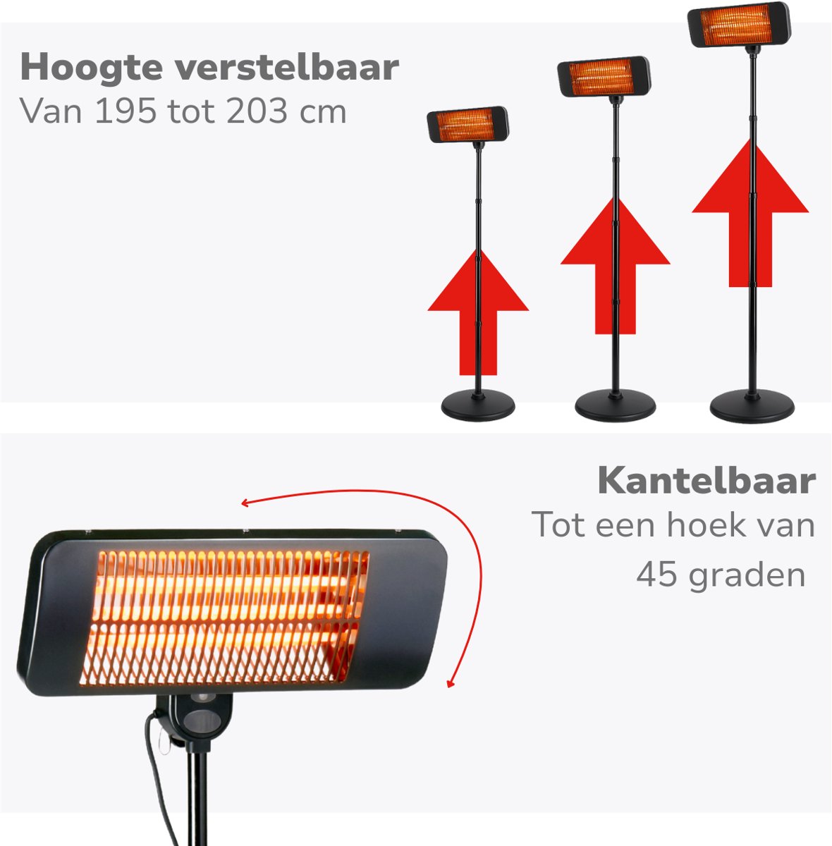 alpina Infrarood Verwarming Staand - Terras Heater 2000W 3 Warmtestanden - Spatwaterdichte Terrasheater IP24 met Infrarood Paneel – foto 3