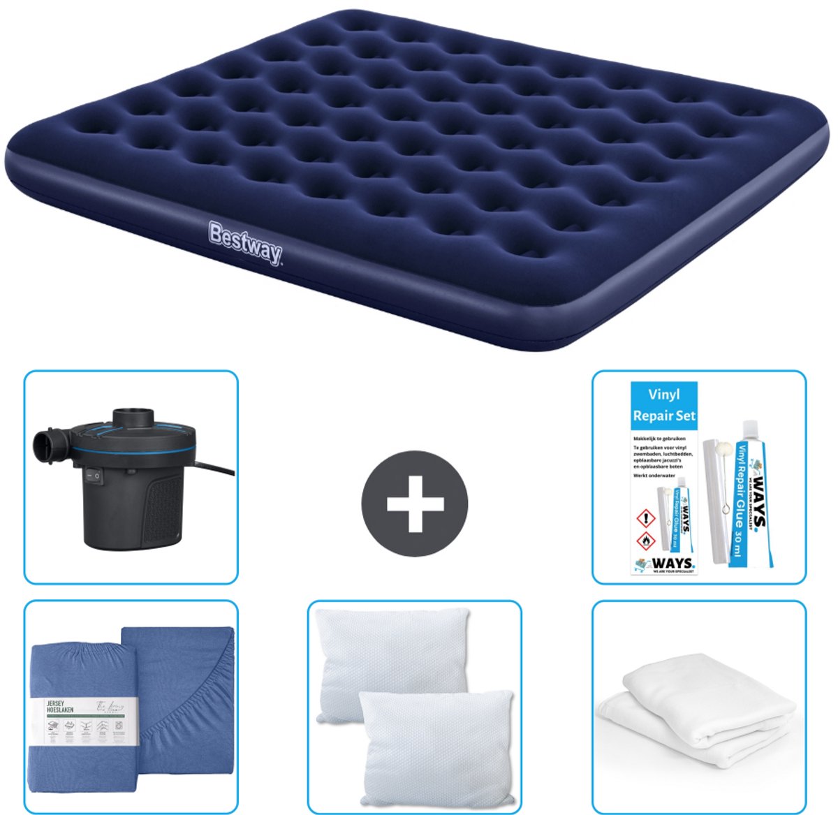 Bestway luchtbed - 2-Persoons - 183 x 203 x 22 cm - Blauw - Inclusief Hoeslaken - Kussen - Kussenbeschermer - Pomp en Reparatieset