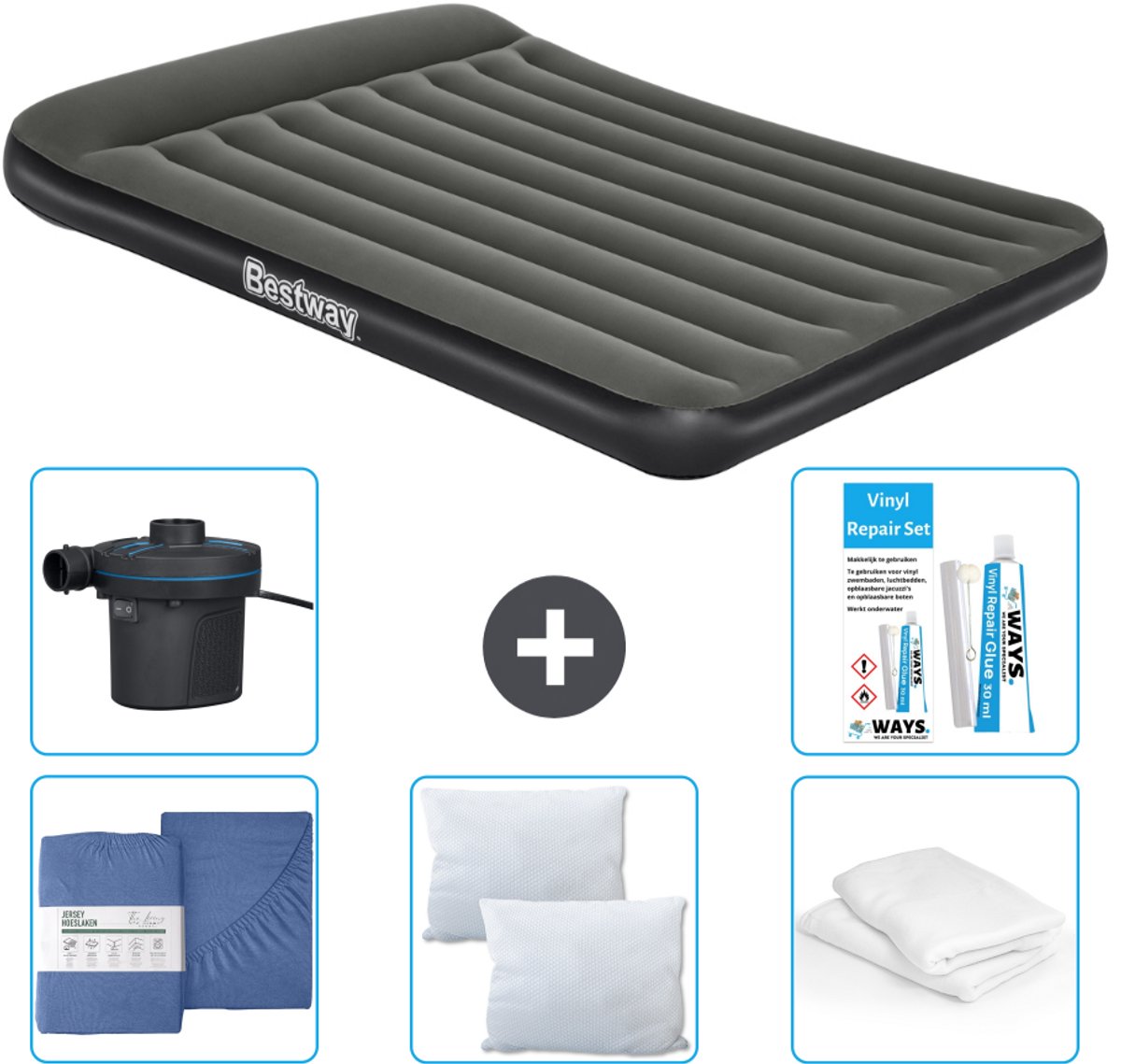 Bestway luchtbed - 2-Persoons - 152 x 203 x 30 cm - Groen - Inclusief Hoeslaken - Kussen - Kussenbeschermer - Pomp en Reparatieset