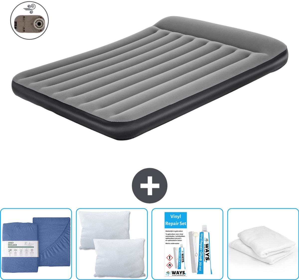 Bestway luchtbed - 2-Persoons - 152 x 203 x 30 cm - Grijs - Inclusief pomp - Hoeslaken - Kussen - Kussenbeschermer en Reparatieset