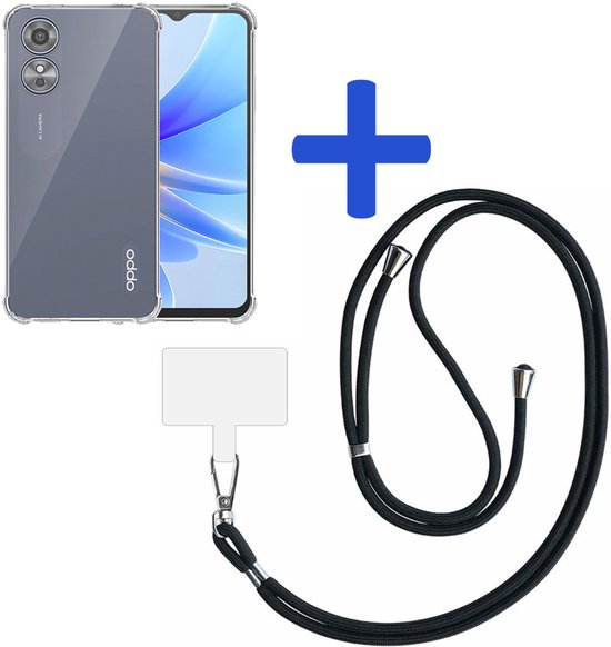 Coque de téléphone compatible avec Oppo A17 / A17K, transparente et résistante aux chocs, avec cordon universel détachable. Coque arrière en Siliconen antichoc avec cordon. Compatible avec Oppo A17 / Oppo A17K.