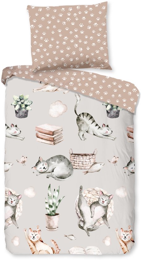 Grijs dekbedovertrek met tekeningen van katten en een roze kussensloop met witte pootjes, model 30855-G Catlife.