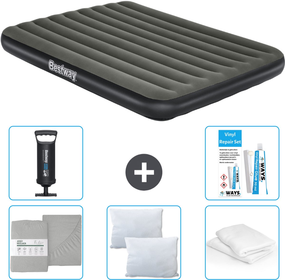 Bestway luchtbed - 2-Persoons - 152 x 203 x 25 cm - Groen - Inclusief Hoeslaken - Kussen - Kussenbeschermer - Pomp en Reparatieset