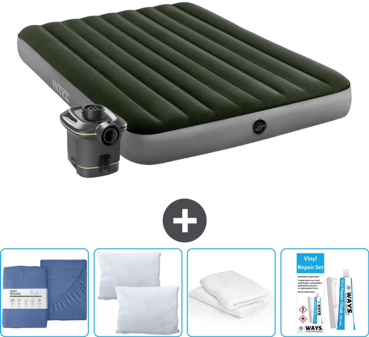 Intex Luchtbed - 2-Persoons - 152 x 203 x 25 cm - Groen - Inclusief pomp - Hoeslaken - Kussen - Reparatieset en Kussenbeschermer