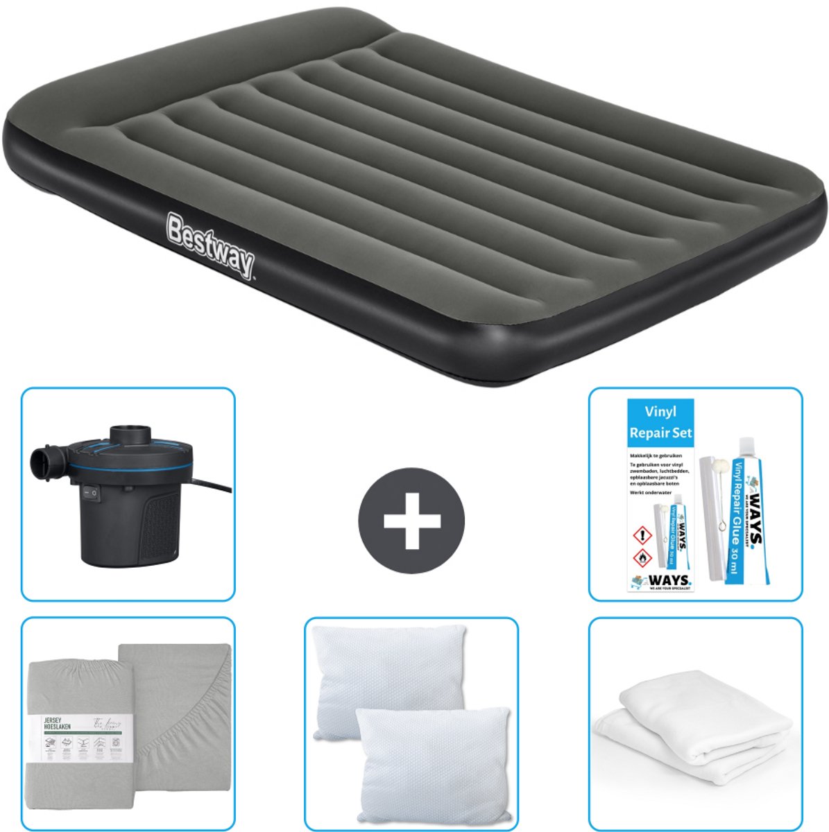 Bestway luchtbed - Twijfelaar - 137 x 191 x 30 cm - Groen - Inclusief Hoeslaken - Kussen - Kussenbeschermer - Pomp en Reparatieset