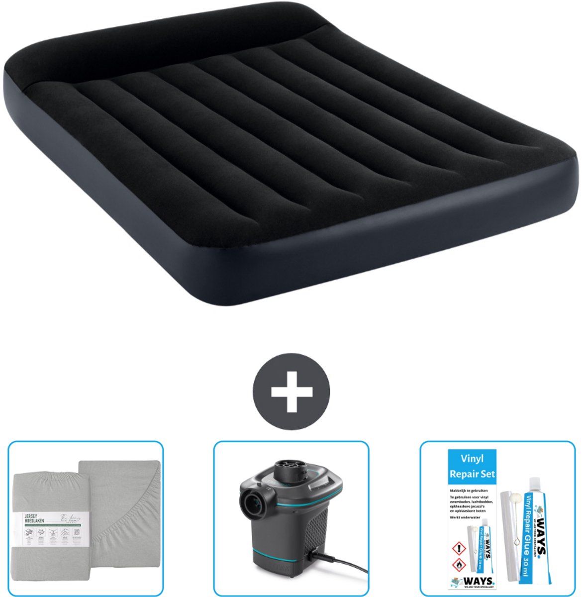 Intex Luchtbed - Twijfelaar - 137 x 191 x 25 cm - Donkerblauw - Inclusief Hoeslaken - Pomp en Reparatieset