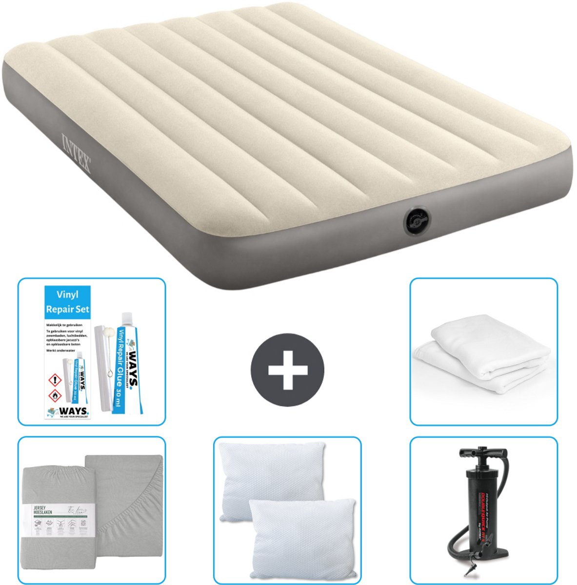 Intex Luchtbed - Twijfelaar - 137 x 191 x 25 cm - Beige - Inclusief Hoeslaken - Kussen - Pomp - Reparatieset en Kussenbeschermer
