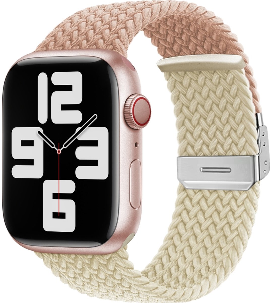 Mobigear Nylon Watch bandje geschikt voor Apple Watch Bandje Klemsluiting | Mobigear Braided Dual - 49/46/45/44 mm - Roze / Sterrenlicht