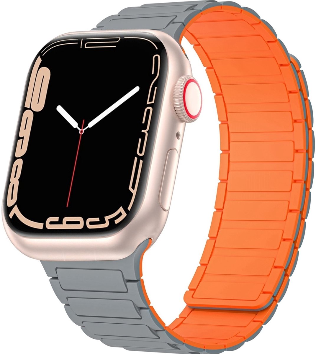 Mobigear Siliconen Watch bandje geschikt voor Apple Watch Bandje Magneetsluiting | Mobigear Loop Mag - 49/46/45/44 mm - Grijs / Oranje
