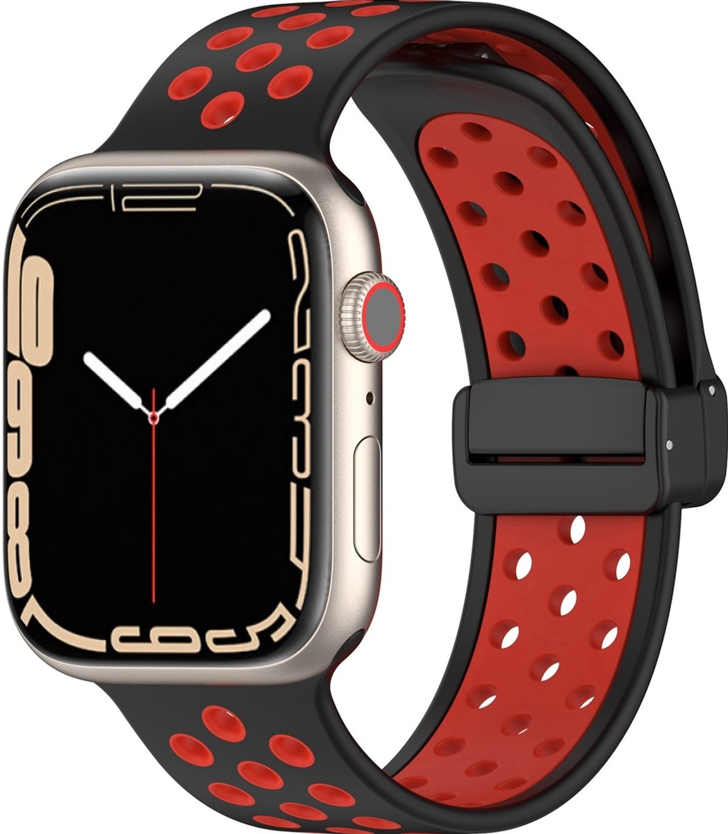 Mobigear Siliconen Watch bandje geschikt voor Apple Watch Bandje Magneetsluiting | Mobigear Sport Plus Mag - 42/41/40/38 mm - Zwart / Bordeaux Rood