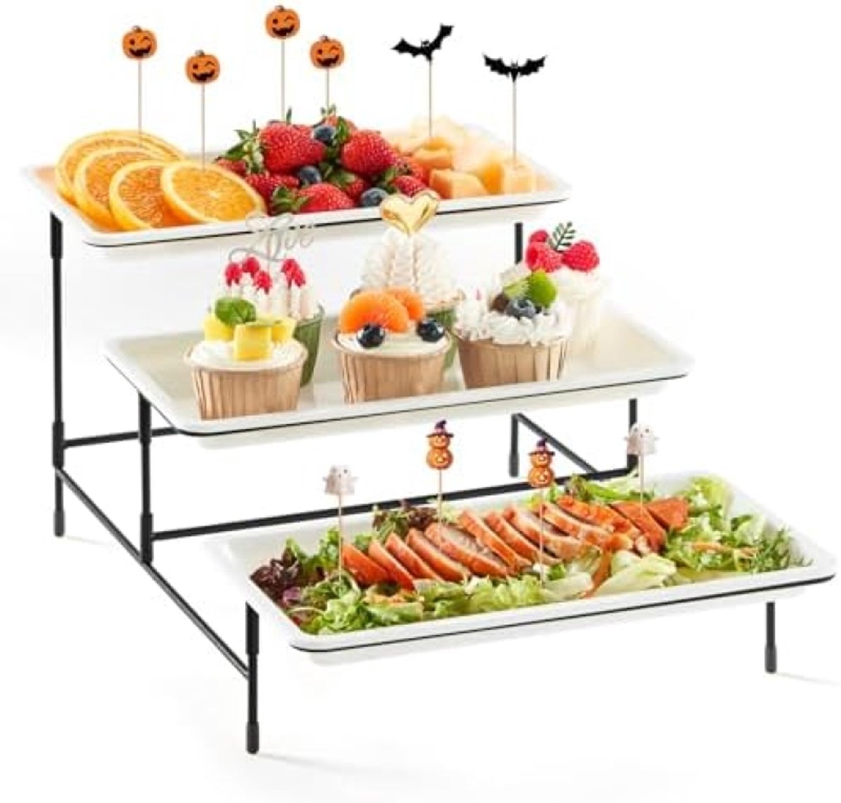 3-Lagen Dienblad voor Feestspullen, 30x17cm Plastic Serveerschaal met Zwarte Metalen Standaard voor Groente, Fruit, Koekjes, Dessert - Wit