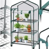 tectake® Broeikas - Hobbykas voor Binnen of Balkon - Mini Kweekkas - Foliekas - Plantenrek met wieltjes - Met 3 planken - 69x49x125 cm