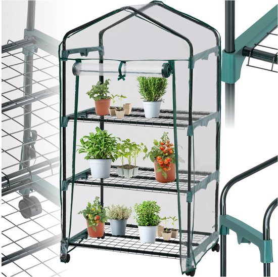 tectake® Broeikas - Hobbykas voor Binnen of Balkon - Mini Kweekkas - Foliekas - Plantenrek met wieltjes - Met 3 planken - 69x49x125 cm