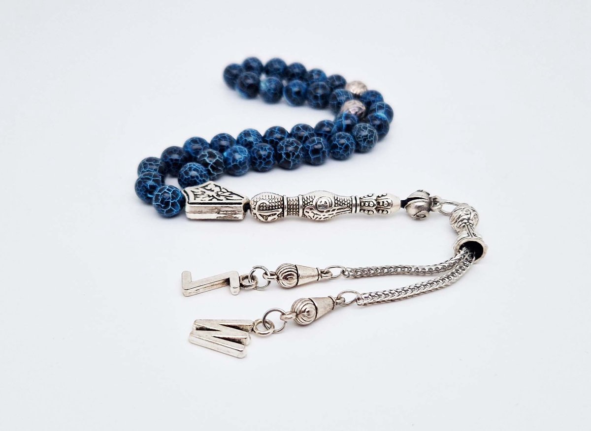 Handgemaakte Letters tesbih "tasbih" 33 Kralen Natuursteen “ Blauwe harmonie” - met metaal tassel - Met je Letters of de Letters van uw geliefde- 8 mm diameter van de korrel