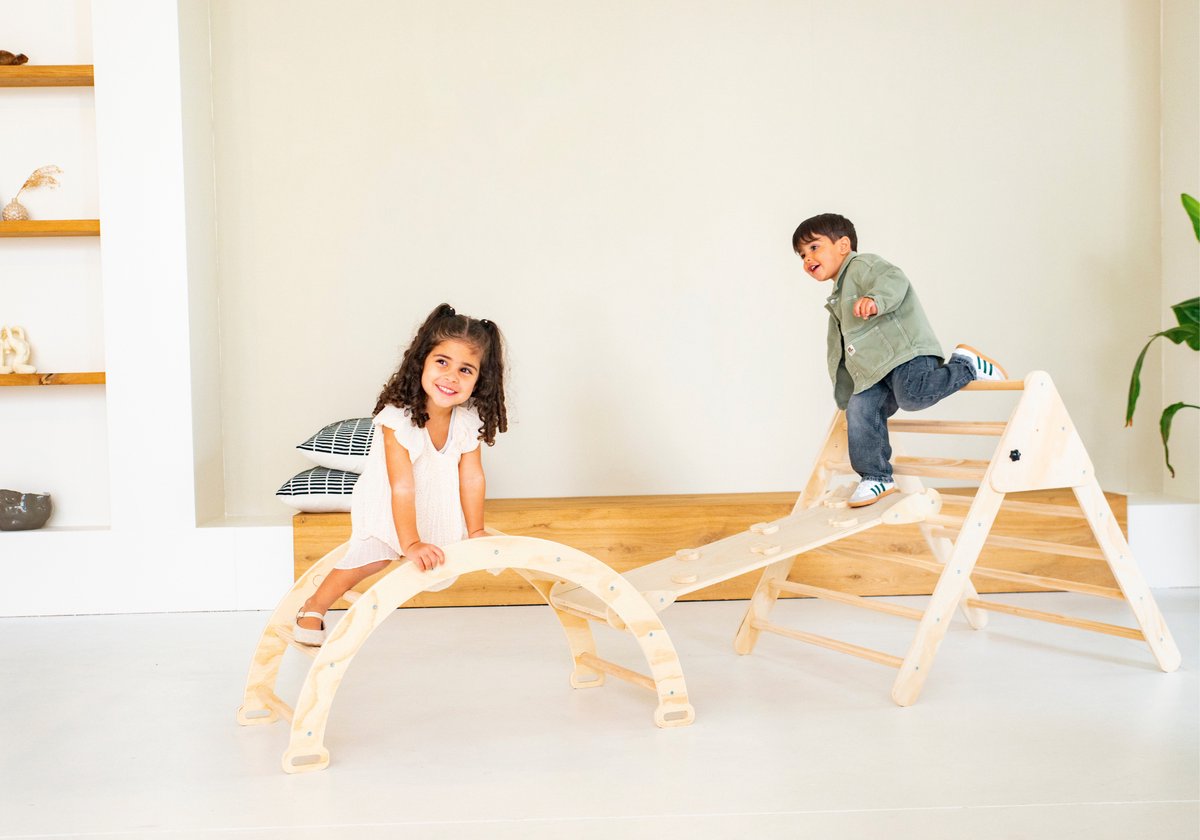 Buxibo XXL Klimrek - Opvouwbare Driehoek + Klimboog met Kussen + Helling met Glijbaan - Montessori Meubels Houten Speelgym - Naturel - 210x83x81cm — afbeelding 6