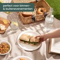 Picnic met twee belegde broodjes op een bord, een mand, drinken en een boek.