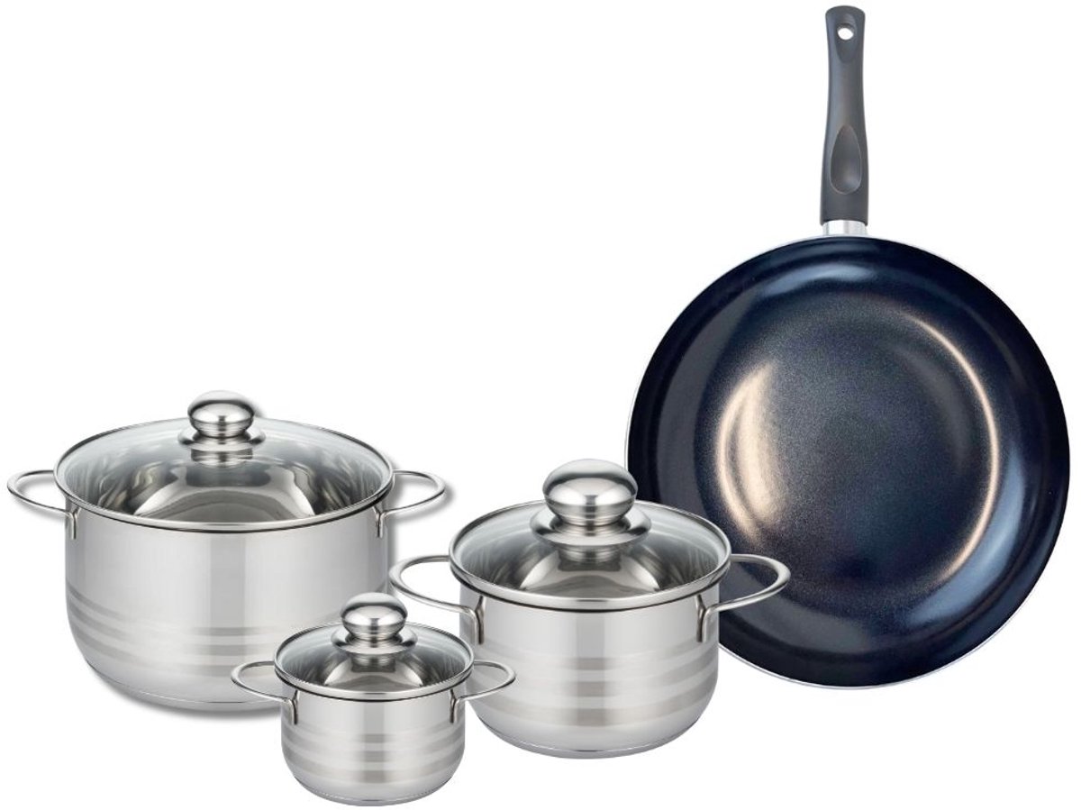 Set van 1 Koekenpan 28 cm en 3 kookpotten 12, 16 en 20 cm Elo Prima Glanzend