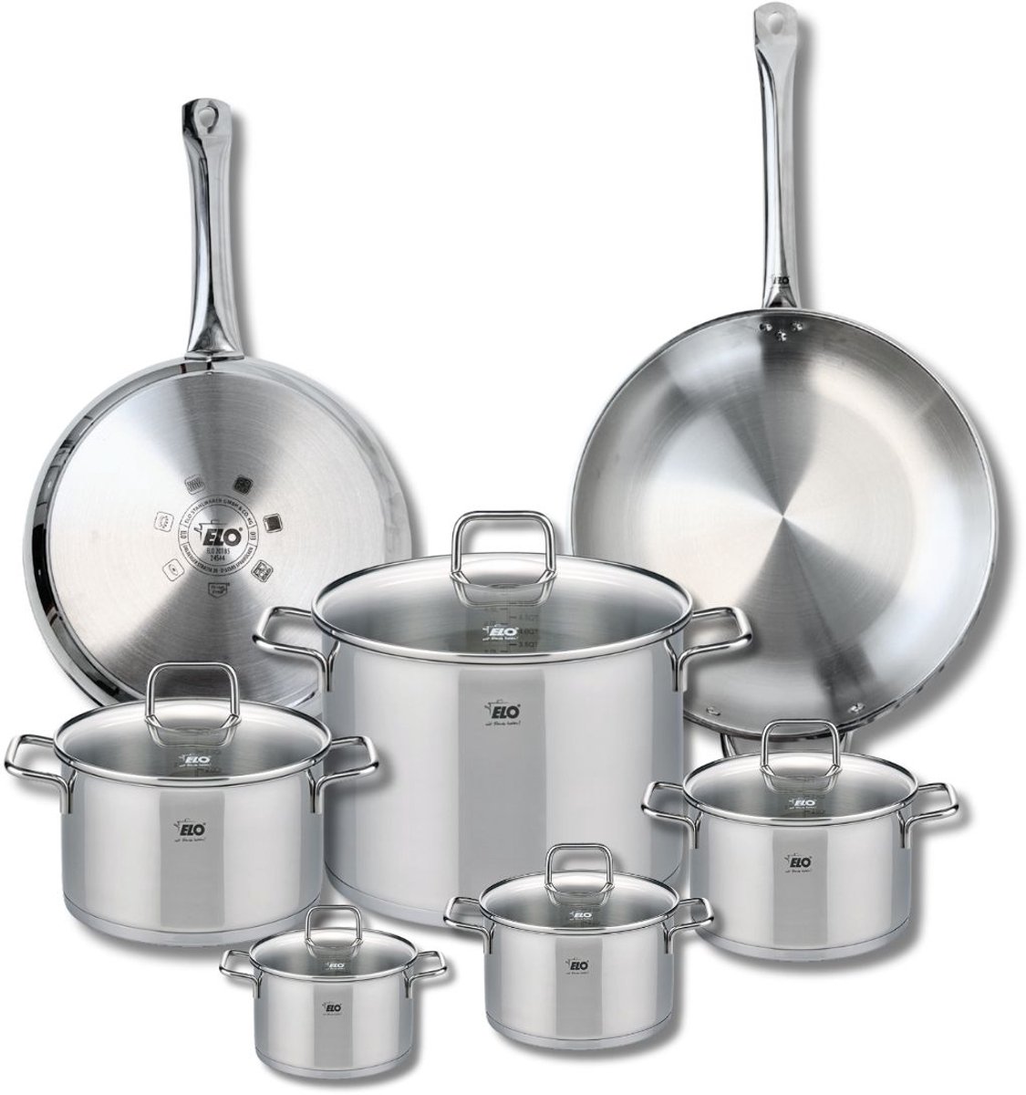Set van 2 Bakpannen 28 en 32 cm en 5 Kookpotten 12, 14, 16, 20 en 26 cm Elo Profi Citrin