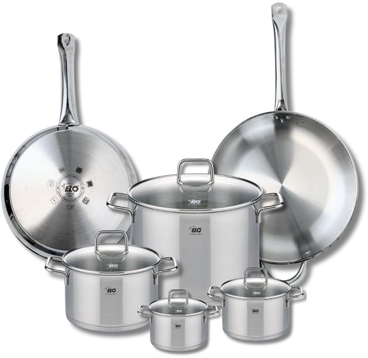 Set van 2 Koekenpannen 28 en 32 cm en 4 kookpotten 12, 14, 20 en 26 cm Elo Profi Citrin