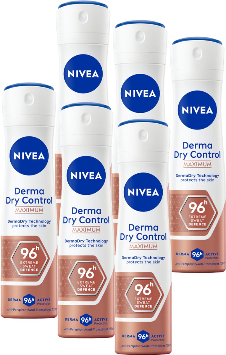 Goedkoopste NIVEA Derma Dry Control Deo Spray- Tot 96 uur bescherming - Deodorant Met DermaDry en melkzuur - Anti-transpirant - 6 x 150 ml - Voordeelverpakking