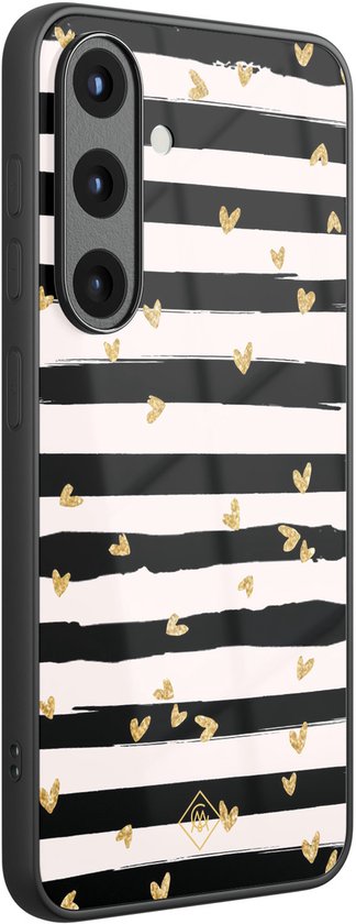 Coque - Compatible avec Samsung Galaxy S25 - Motif cœurs rayés - Coque rigide de Luxe Zwart - Coque arrière pour téléphone - Zwart