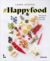 Boekcover met de titel #Happyfood, met diverse verse ingrediënten zoals fruit, groenten, eieren en kruiden.