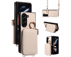 Zandarix Geschikt voor Samsung Galaxy Z Fold 6 5G - Portemonnee lederen hoesje - Met Ring - Kaartsleuf - Flipcase - Book Case Hoesje - Wit