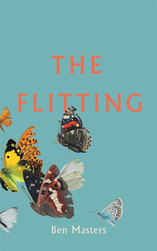 Boekomslag: de titel 'THE FLITTING' in oranje letters, met verschillende kleurrijke vlinders rondom. Geschreven door Ben Masters.