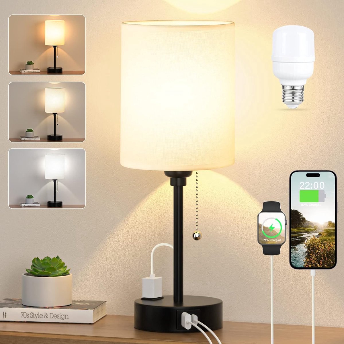 Lzwintrading Tafellamp Slaapkamer - Bureaulamp - Dimbare Bedlampje - Tafellamp met USB A/C Oplaadpoort en Stopcontact - Inclusief LED-lamp - Met Wit Linnen Lampenkap - 3 Verstelbare Helderheden - Tafellampen Woonkamer